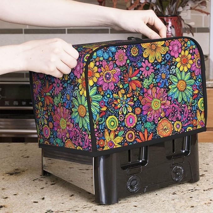 Toaster Cover 2 Slice Colorful Flower Art Kitchen Small Appliance Covers with Pockets Dust and Fingerprint Protection