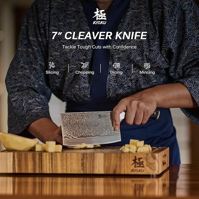 KYOKU Vegetable Cleaver Knife - 7" - Shogun Series - Japanese Style VG10 Steel Core Forged Damascus Blade - with Sheath & Case