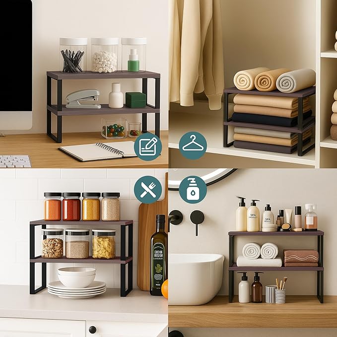 Sben Cabinet Organizer Shelf, Set of 2 Kitchen Counter Shelves, Kitchen Storage, Spice Rack, Stackable, Expandable, Metal and Engineered Wood, Ink Black and Brown Surface