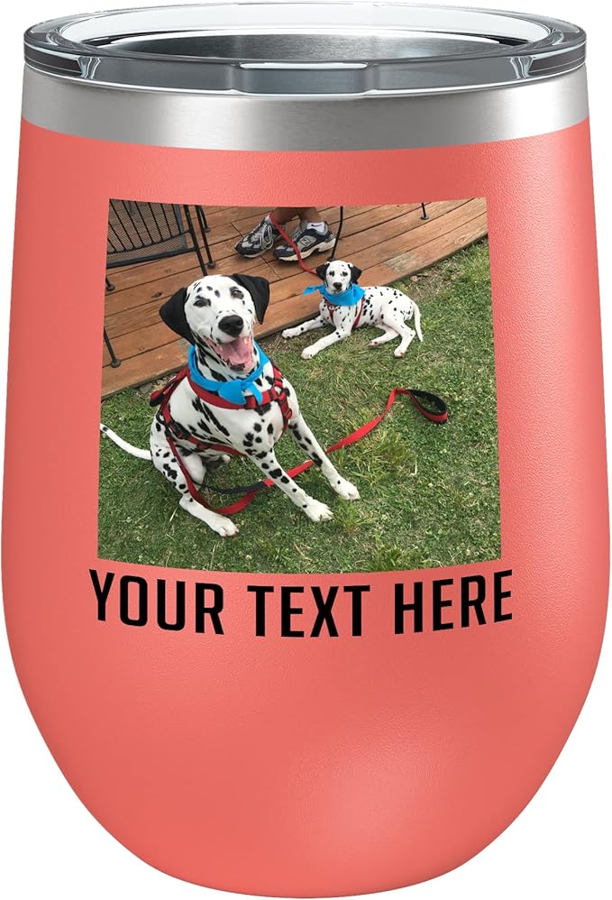 Personalized Mothers Day 12oz Photo Printed Insulated Stainless Steel Powder Coated Stemless Wine Tumbler with Lid, Customized Mom Gift Idea For Her, Custom Mum Team Mom Dad (Coral)