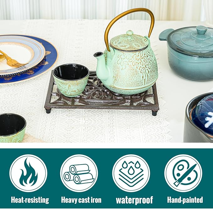 Sungmor Rectangle Cast Iron Trivets, Metal Trivet for Hot Pots and Pans, Heavy Duty Rustic Wood Stove Tea Pot Trivet, Decorative Hot Pot Holder for Kitchen Counter and Dining Table, Vintage Pattern