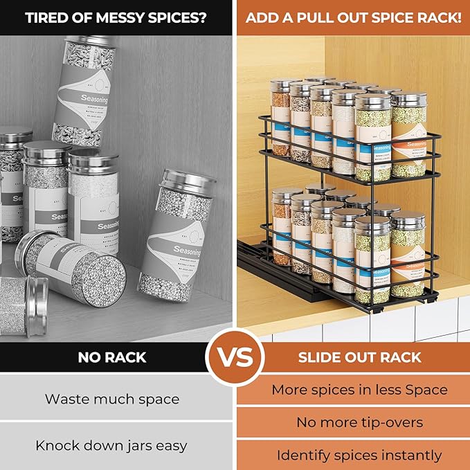 Pull Out Spice Rack Organizer for Cabinet, Slide Out Spice Racks, Easy to Install, 4.0''Wx10.35''Dx8.26''H, 1 Drawer 2 Tiers(Black)