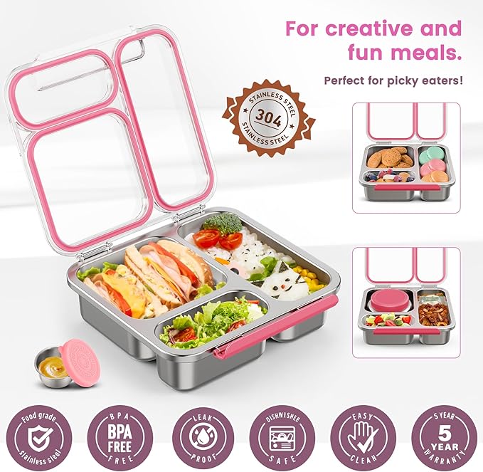 Stainless Steel Bento Box Kids Adult with 7oz Soup Thermo, Transparent Lid 3 Compartments Metal Bento Lunch Box with Insulated Food Jar,Lunch Box Container Sauce Cup for School,BPA-Free(Pink)