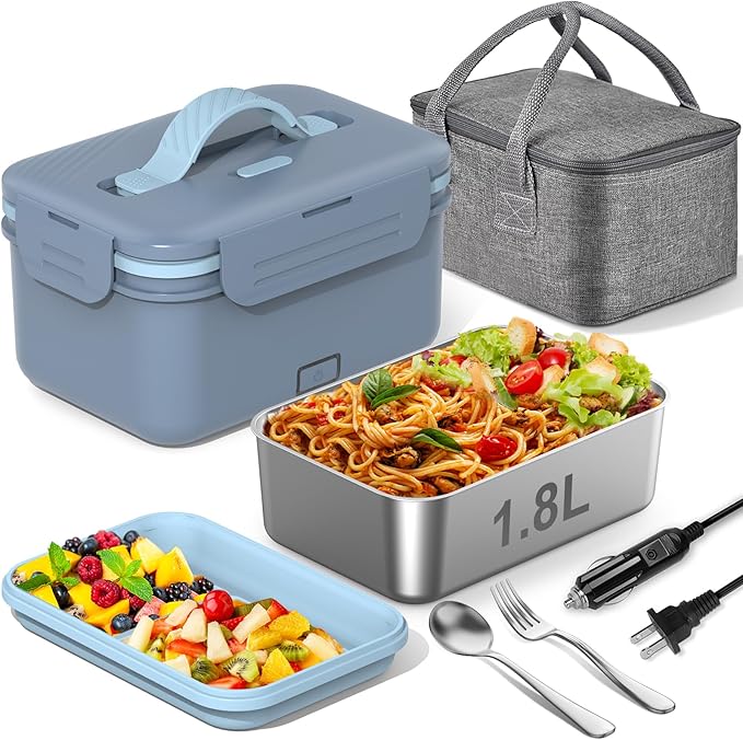 Electric Heated Lunch Box for Car Truck Home 1.8L 100W Portable Food Warmer with 12V/24V/110V/220V Hot Meal for Work Travel Jobsite Camping Christmas Gifts White Elephant Gifts for Adults/Men/Woman