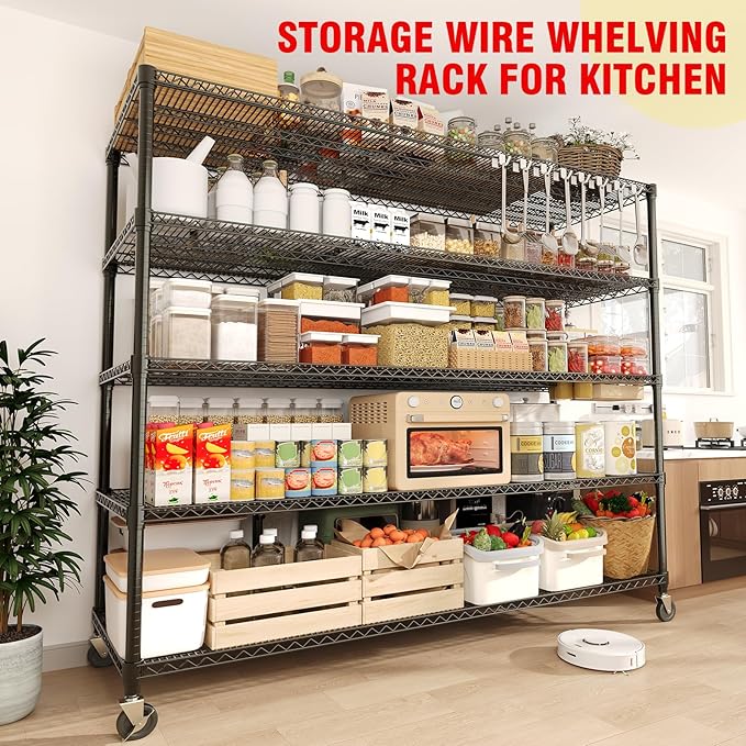 GAOMON 59" W Storage Shelves 86.2" H Heavy Duty Garage Shelving Units with Wheels, 5-Tiers Wire Shelving Rack Metal Storage Shelves for Garage Pantry Kitchen Commercial Industrial, 3300LBS Capacity