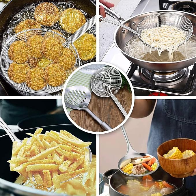 TENTA Kitchen Multi Kitchen Utensil Stainless Steel Cooking Skimmer Slotted Fish Turner Spatula Spoon Colander Drain Water Filter Spoon Ladle Spider Strainer Skimmer Ladle for Cooking &Frying (2pcs)