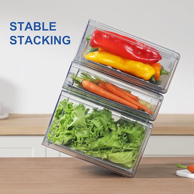 Plastic Clear Fridge Storage Organizer with Drawers & Drainer - Stackable Bins for Kitchen Fruit & Veggie Organization (2PCS, Small)