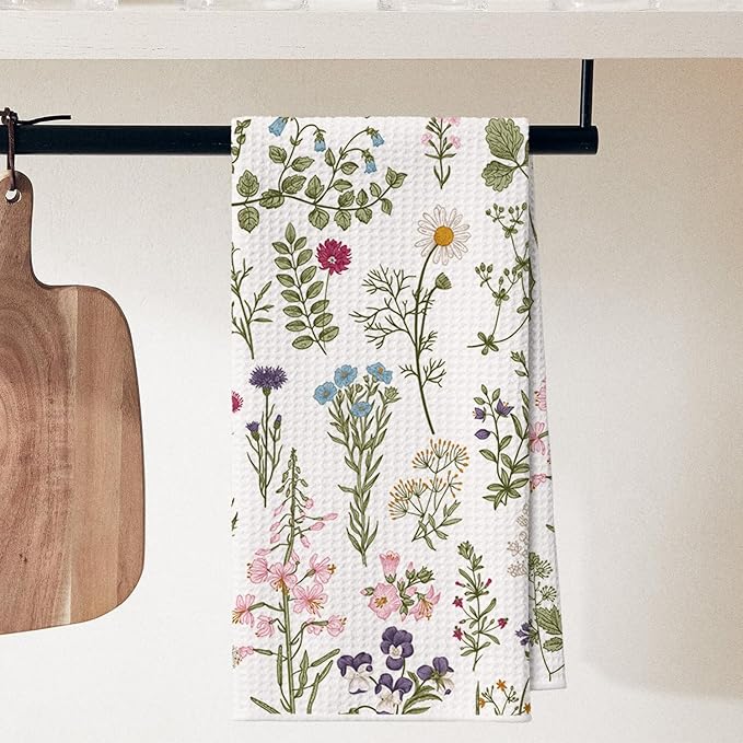 Artoid Mode Wildflower Floral Spring Kitchen Towels Tea Towels, 18x30 Inch Oversize Quick Dry Microfiber Cloth Dish Towels for Kitchen Drying Set of 2