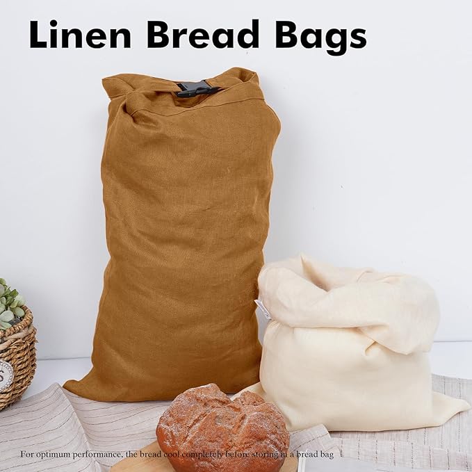 2 Pcs Reusable Linen Bread Bags with Zipper (Dark Yellow), 13 x 19.6 Inches, Plastic Free, Single Layer
