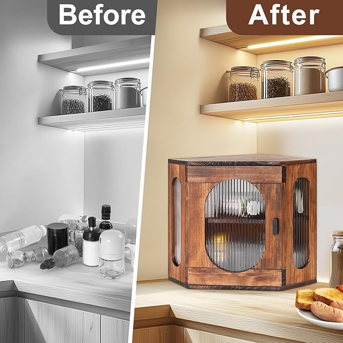 Sunhoo Bread Box for Kitchen Countertop Corner Bread Storage Wooden Breadbox Container 2 Layer Bread Holder Keeper Large Farmhouse Bread Bin Shelf for Homemade Pantry Vintage Acrylic Window(Brown)