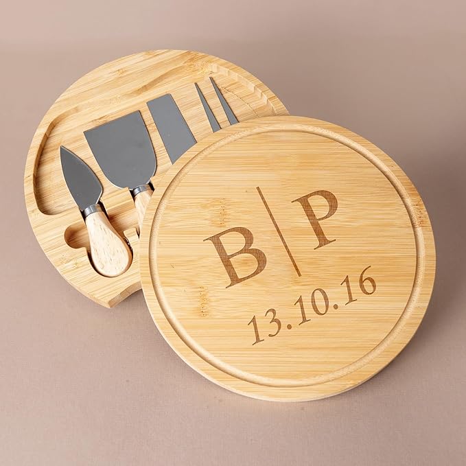 Custom engraved luxury charcuterie board & knife set/4pcs, personalized cheese chopping serving tray for fruits, food, dessert, bread for table decoration, personalized gift for dinner host (Initials)
