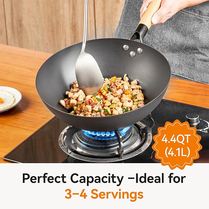 11.8 Inch Pure Iron Wok, Flat Bottom Stir Fry Pan with Wooden Handle & Lid, Uncoated Real High-Purity Iron Wok for Family Meals, Compatible with Gas, Electric & Induction Cooktops