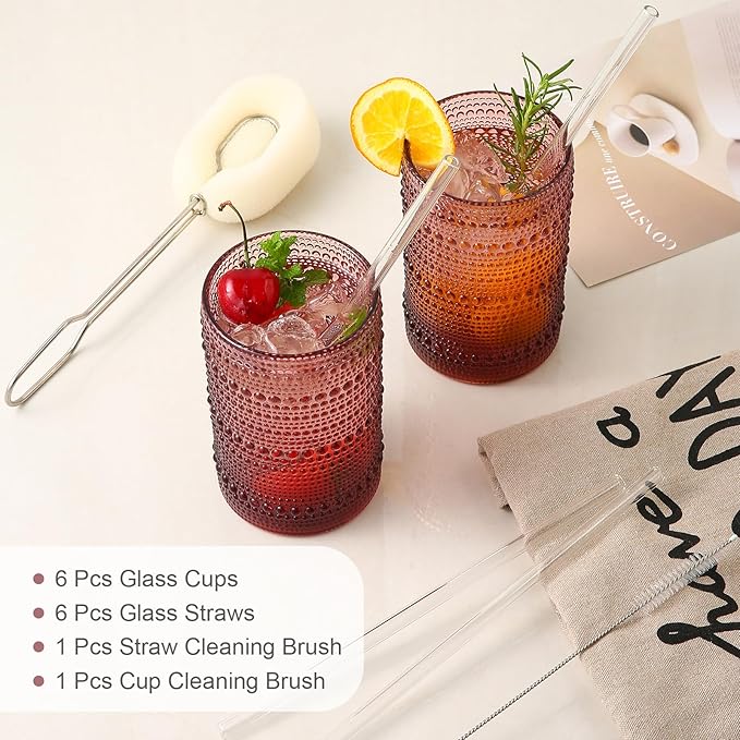 Vintage Glassware Drinking Glasses Set of 6,15 oz Hobnail Glass Cups,Embossed Purple Water Tumbler,for Beer,Cocktail,Whiskey,Juice and Various Mixed Drinks- 1 Cleaning Brush