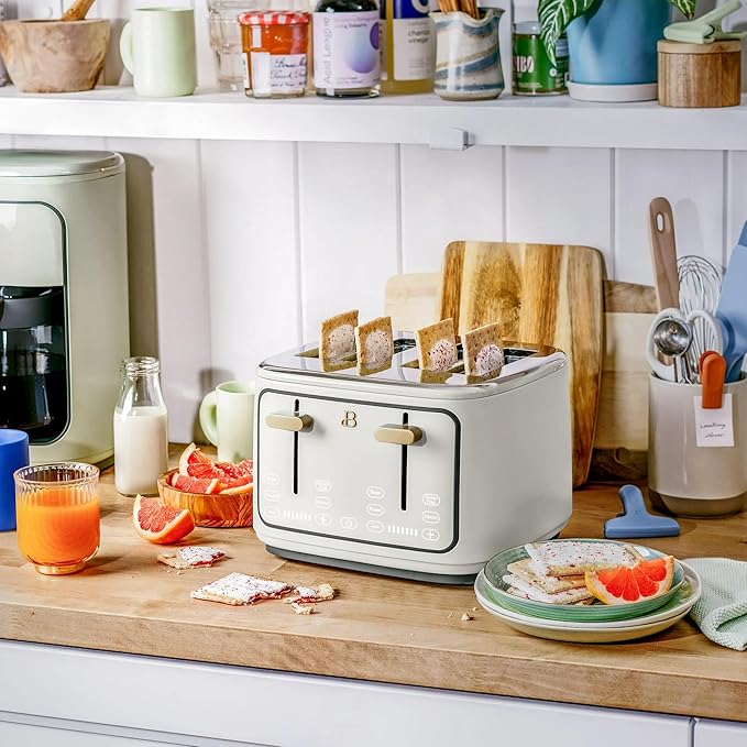 Beautiful 4 Slices Toaster with Touch-Activated Digital Display, Extra Wide Self-Adjusting Slots, Adjustable Shade Control, by Drew Barrymore (White)