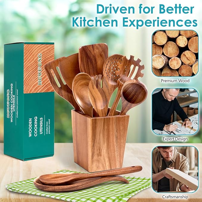 Wooden Spoons for Cooking, 11-Piece Natural Acacia Wood Cooking Utensils Set – Wooden Kitchen Utensils with Holder Spoon Rest, Nonstick Safe Non-Toxic Wooden Cooking Tools by HOWHONG