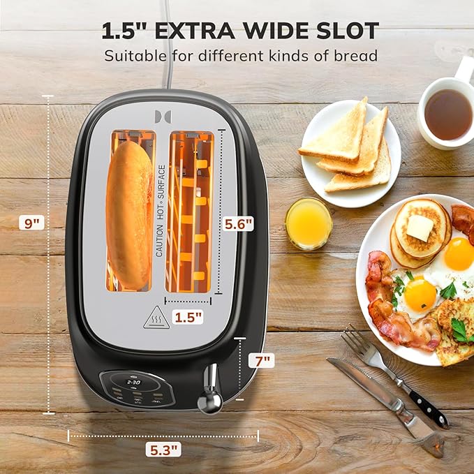 Keenstone Smart Touch Screen Toaster 2 Slice, Retro Wide Slot Stainless Steel Toaster with 6 Browning Levels, Reheat & Defrost, for Bagel, Toast, Bread, Removable Crumb Tray, Black