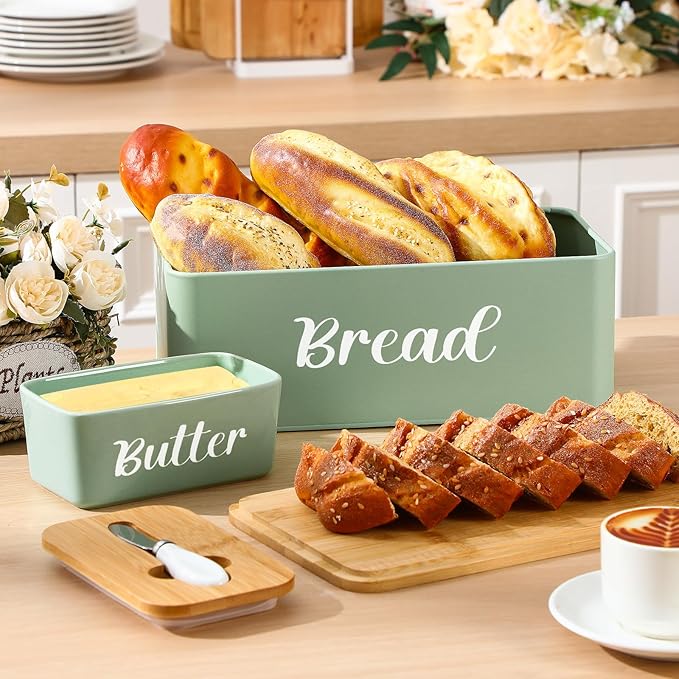 Hushee Metal Bread Box and Butter Dish with Bamboo Cutting Board Lid and Knife Bread Storage Container Breadbox for Kitchen Counter Butter Organizer for Kitchen Countertop Decoration(Sage Green)