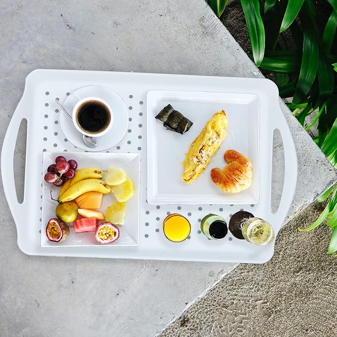 Non Slip Food Serving Tray with Handles, Rectangle Anti-Slip Non-Toxic Dishwasher Safe Tray for Snack Fruit Dessert Breakfast Drink Come with Cleaning Cloths, White
