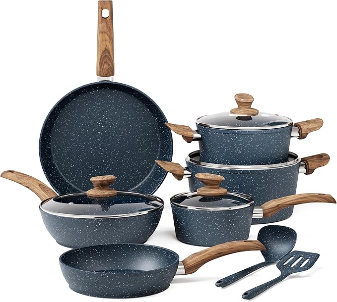 Kitchen Academy Pots and Pans Set Non Stick - 12 Piece Induction Kitchen Cookware Sets, Blue Granite Nonstick Cooking Pans Set