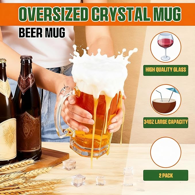 Set of 4 34 oz Extra Large Beer Mugs with Handles Glass German Clear Tall Heavy Beer Cups Steins Mugs Pint Weizen Glasses for Freezer Coffee Drinking Tea Water Cocktail Alcohol Beverages Pub