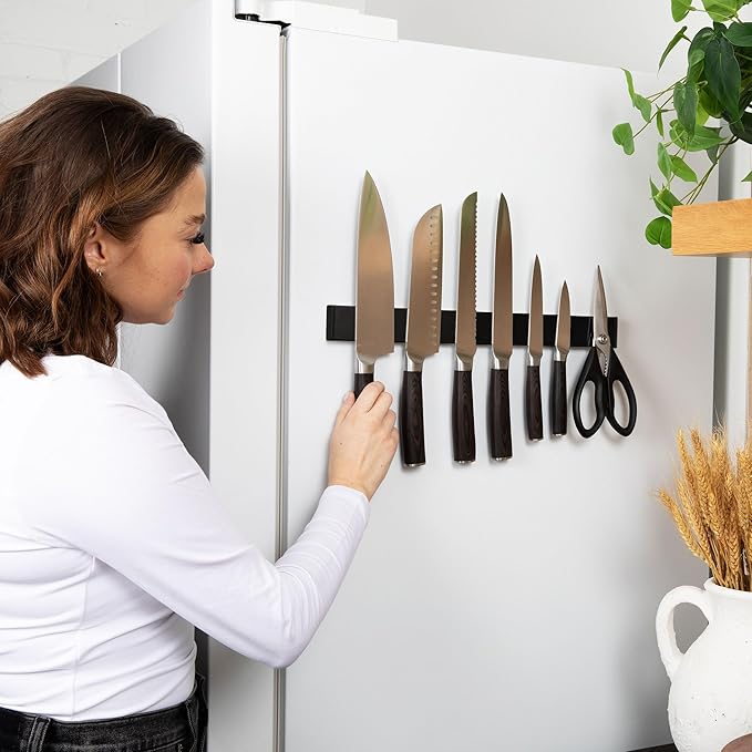 Magnetic Knife Holder 16 Inch Black – Sleek Stainless Steel Strip, Rack & Bar for Wall or Fridge, No Drill Adhesive Kitchen Organizer, Premium Gift by Pampavanna