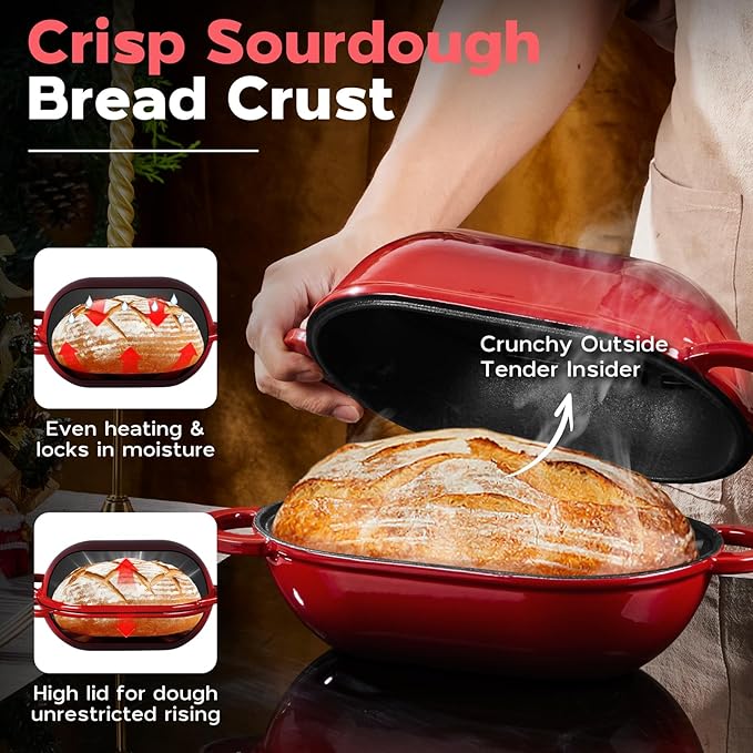 Onader Enameled Cast Iron Dutch Oven, 2.8QT Dutch Oven Pot with Lid for Sourdough Bread Baking, Oval Meatloaf Pan, Heavy Duty - Red