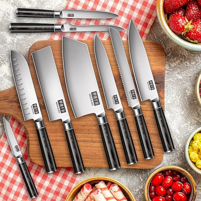 MDHAND Knife Set, 9PCS Professional Japanese Kitchen Knife Set, High Carbon Stainless Steel Chef Knife Sets - Pakkawood Handle for Professional Chef, Camping, Cooking, Dishwasher Safe, Elegant Box