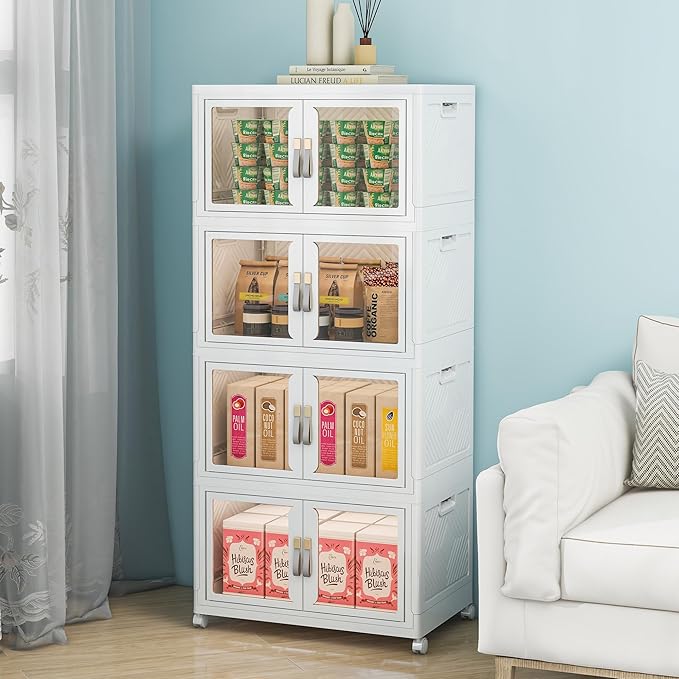 Large Clear Stackable Storage Bins with Lids, Foldable Storage Cabinet for Closet Organizers and Storage, Plastic Storage Box with Wheels 180 QT