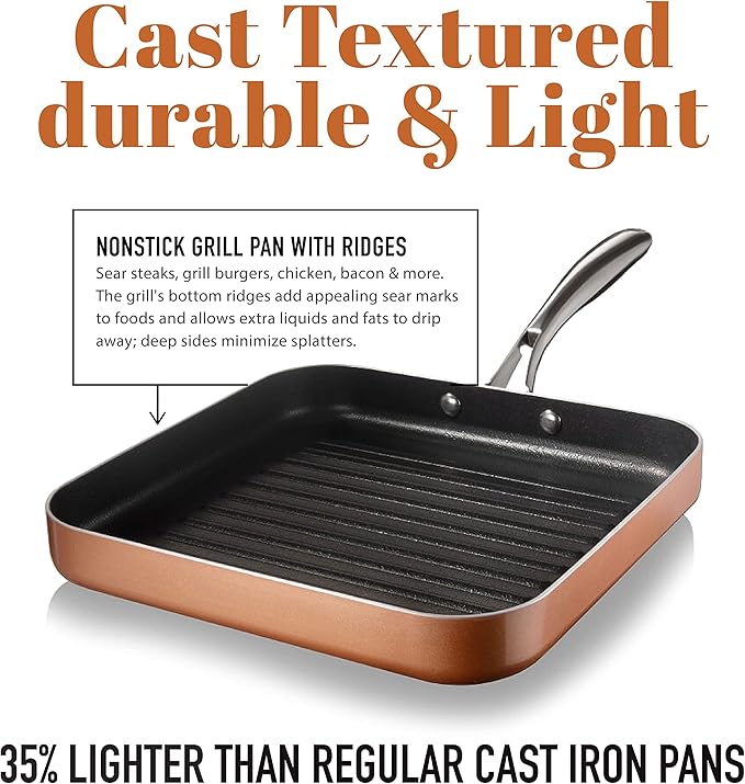Gotham Steel Nonstick Grill Pan for Stovetops with Grill Sear Ridges, Drains Grease, Ultra Durable Coating, Metal Utensil Safe, Stay Cool Stainless-Steel Handle, Oven & Dishwasher Safe, 100% PFOA Free