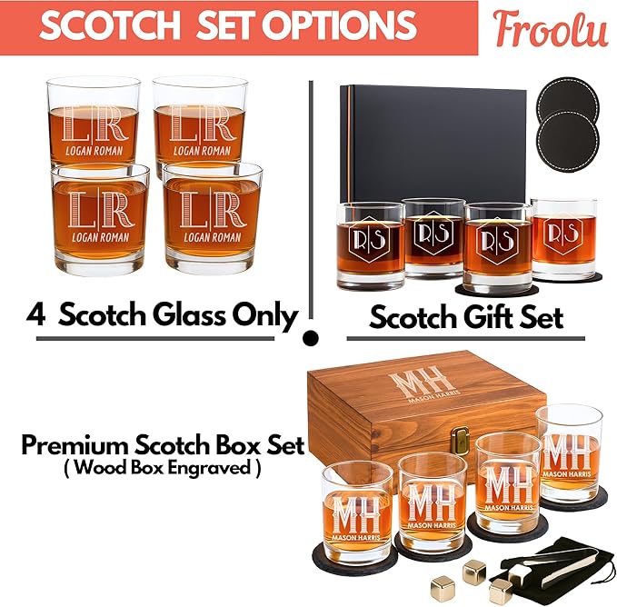 Froolu Personalized Scotch Whiskey Glasses Set - Premium Customizable Monogram Designs