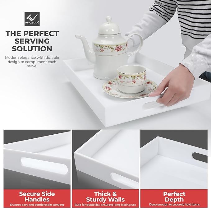 White Tray 15×10" with Cut Handles - Spill Proof Decorative Tray is an Ideal Countertop Organizer for Living Rooms, Ottoman Coffee Tables, Offices, Kitchens & Serving Guests