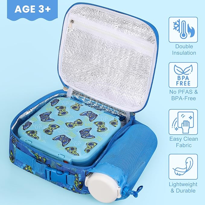 Kids Lunch Box Set with Bento Box, 9oz Stainless Steel Thermos & Insulated Lunch Bag – Hot & Cold Leakproof Lunch Container with Utensils for School & Travel, Blue Set