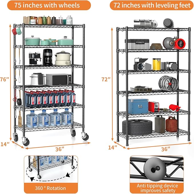 2300LBS Wire Shelving Unit, 36"W x 14"D x 75"H Metal Standing Shelf Units with Wheels / Leveling Feet, 6 Tier, Adjustable, Heavy Duty, and NSF Storage Shelves, Rolling Metal Shelving Wire Rack