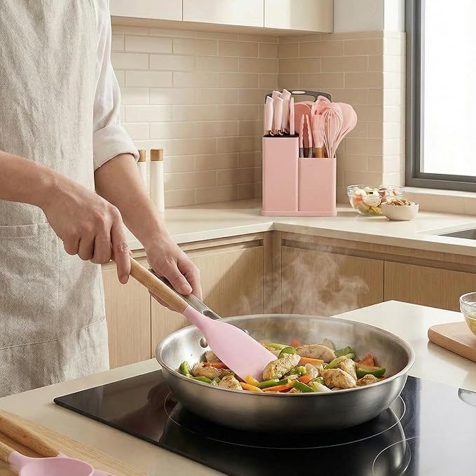 19-Piece Pink Kitchen Utensils Set - Silicone Cooking Utensils, Non-Toxic Spatula Set, Kitchen Tools, Cutting Board, Pink cooking utensils set