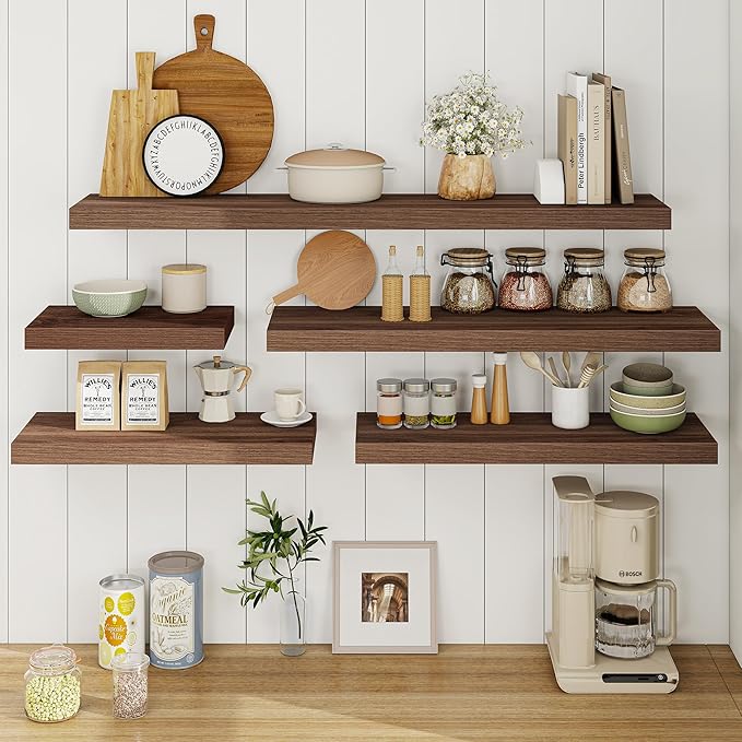 Fun Memories 16 Inch Floating Shelves for Wall, 9.3Inch Deep Floating Shelf, Extra Deeper & Thicker Wall Mounted Storage Shelf for Kitchen, Farmhouse, Walnut, 2 Pack
