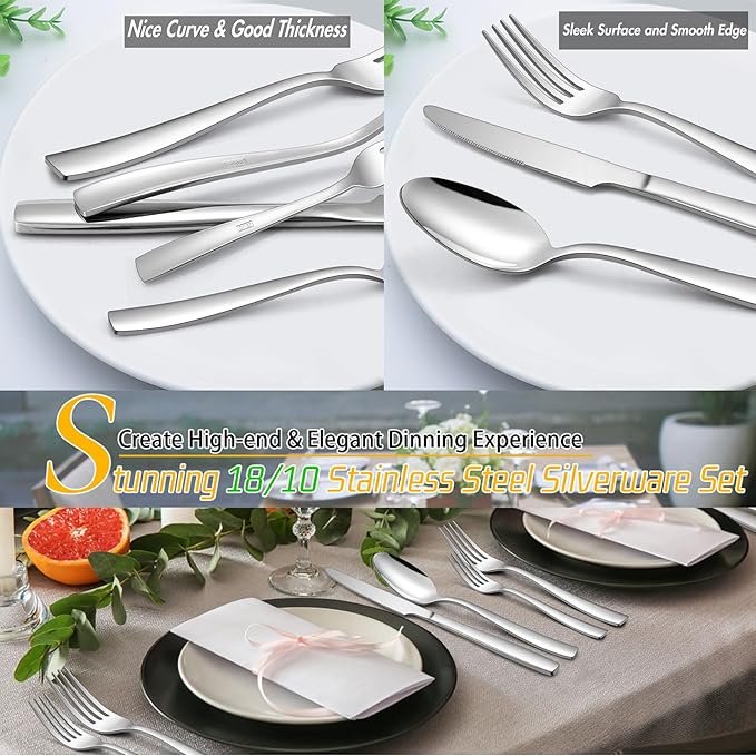 LIANYU 18/10 Flatware Set for 8, 40-Piece Stainless Steel Silverware Cutlery Set, Modern Square Eating Utensils Forks Spoons Tableware for Home Wedding Entertaining, Dishwasher Safe