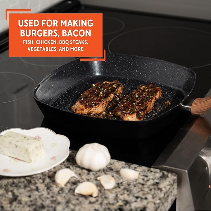 IMUSA 11-Inch PFAS Free Ceramic NonStick Grill Pan, Aluminum Griddle Pan with Cool-Touch WoodLook Handle, Large Cooking Surface for Burgers, Steaks, Vegetables, Sandwiches & BBQ