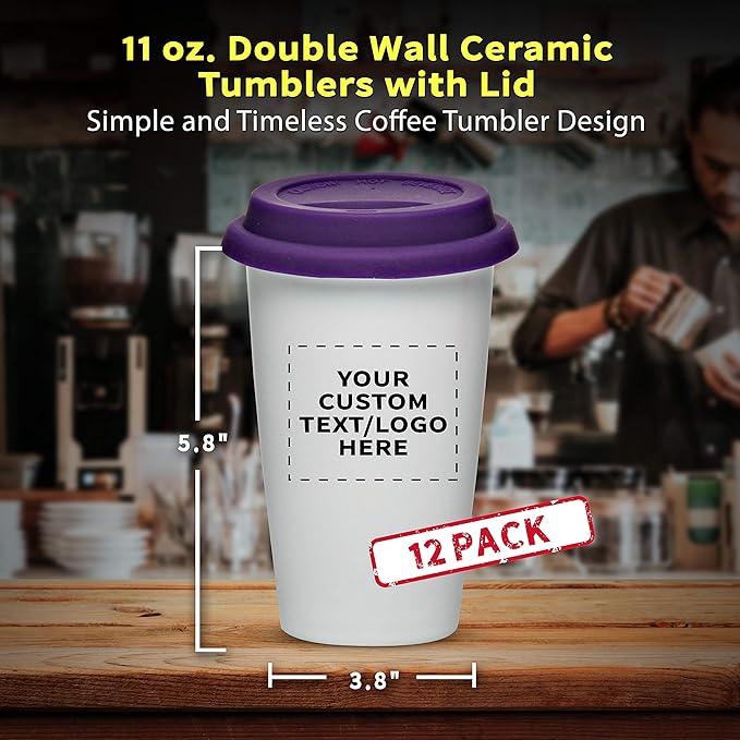 Personalized 11 oz. Double Wall Ceramic Tumblers with Lid - 12 Pack - Custom Text, Logo - Purple