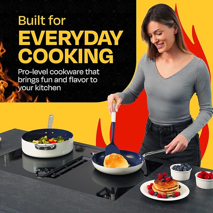 Guy Fieri's Flavortown 15-Piece Ceramic Cookware Set, Nonstick Pots and Pans for Cooking, Easy-Clean Kitchen Cookware, Made without PFAS PTFE PFOA, Induction Compatible, Dishwasher Safe, Blue & White