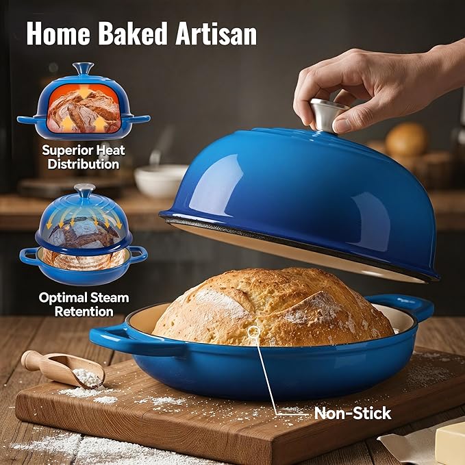 4.5 QT Dutch Oven for Bread Baking, Cast Iron Bread Oven for Sourdough, Enamelled Bread Dutch Oven with Lid, Heavy-Duty Non Stick Bread Pot, Blue