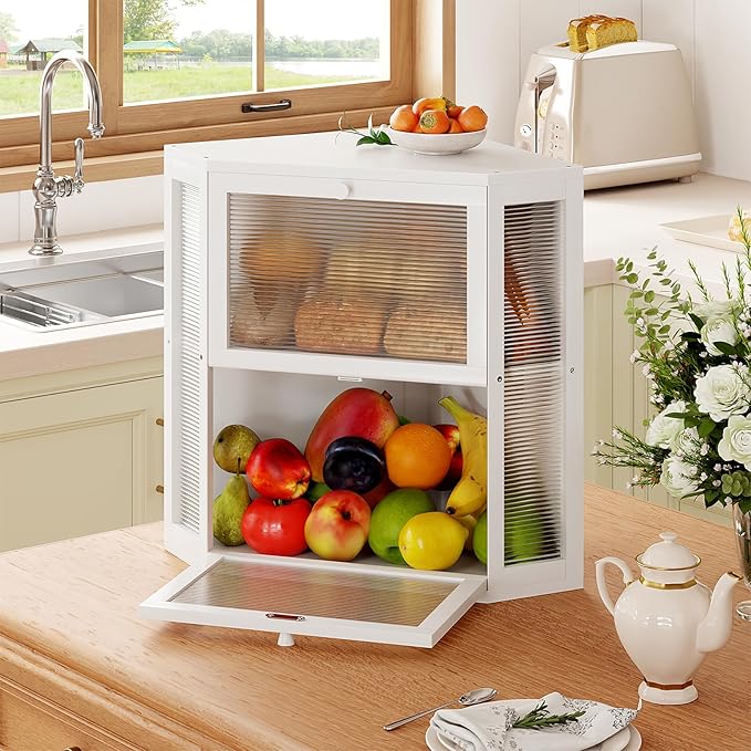 WOWLIVE Corner Bread Box for Kitchen Countertop, Double Layer Bamboo Bread Storage Container, Large Farmhouse Bread box with Acrylic Wavy Door Panel, Under Cabinet Organizer (White, Extra Large)