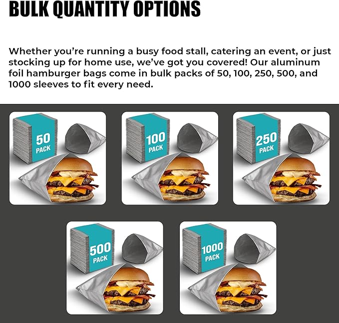100 Pack Aluminum Foil Hamburger Bags – Grease-Resistant Burger Wrappers for Hot Sandwiches, Paninis, BBQ, Pretzels & More – BPA-Free, Disposable Takeout Food Sleeves by C&S Event Supply Co.
