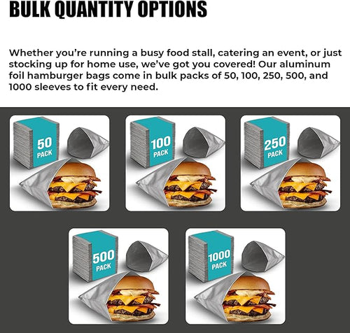 100 Pack Aluminum Foil Hamburger Bags – Grease-Resistant Burger Wrappers for Hot Sandwiches, Paninis, BBQ, Pretzels & More – BPA-Free, Disposable Takeout Food Sleeves by C&S Event Supply Co.