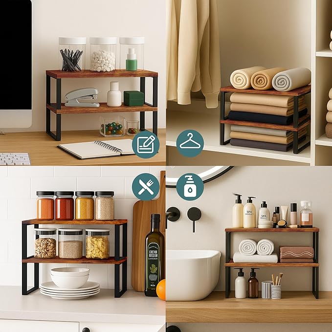 Sben Cabinet Organizer Shelf, Set of 2 Kitchen Counter Shelves, Kitchen Storage, Spice Rack, Stackable, Expandable, Metal and Engineered Wood, Ink Black and Rustic Brown