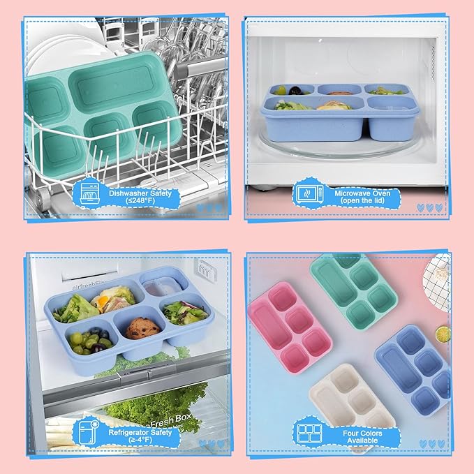 Bento Box Adult Lunch Box 4 Pack, 5 Compartment Snack Containers with Lids, Divided Food Storage Containers, Reusable Meal Kids Bento Lunch Boxes for School Home Travel