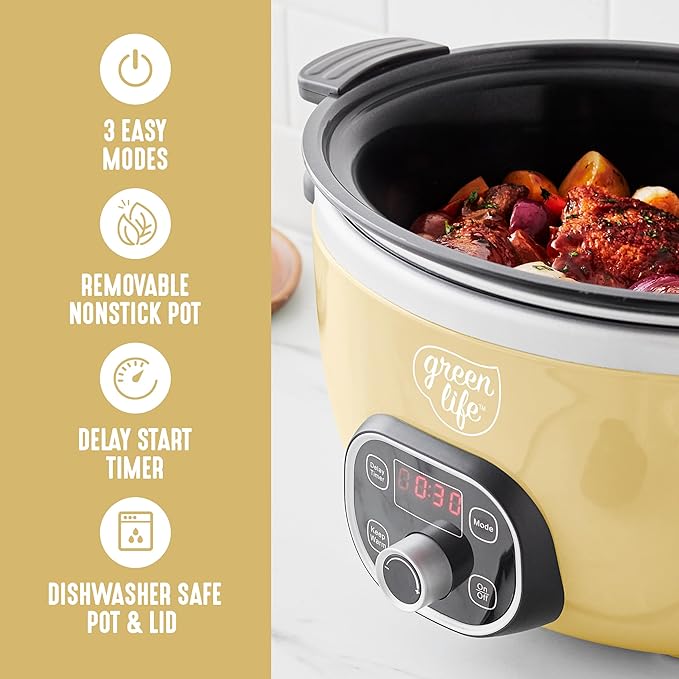GreenLife 6QT Slow Cooker, Non-Toxic PFAS-Free Ceramic Nonstick Removable Interior Bowl, Programmable, Family Friendly, Keep Warm, Stovetop & Oven Safe, Dishwasher Safe Crock, Timer, Glass Lid, Yellow