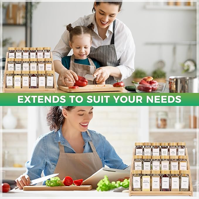 Spice rack,3-Tier Bamboo Spice Rack Organizer for Kitchen, Countertops & Pantries - Space-Saving Tiered Spice Rack