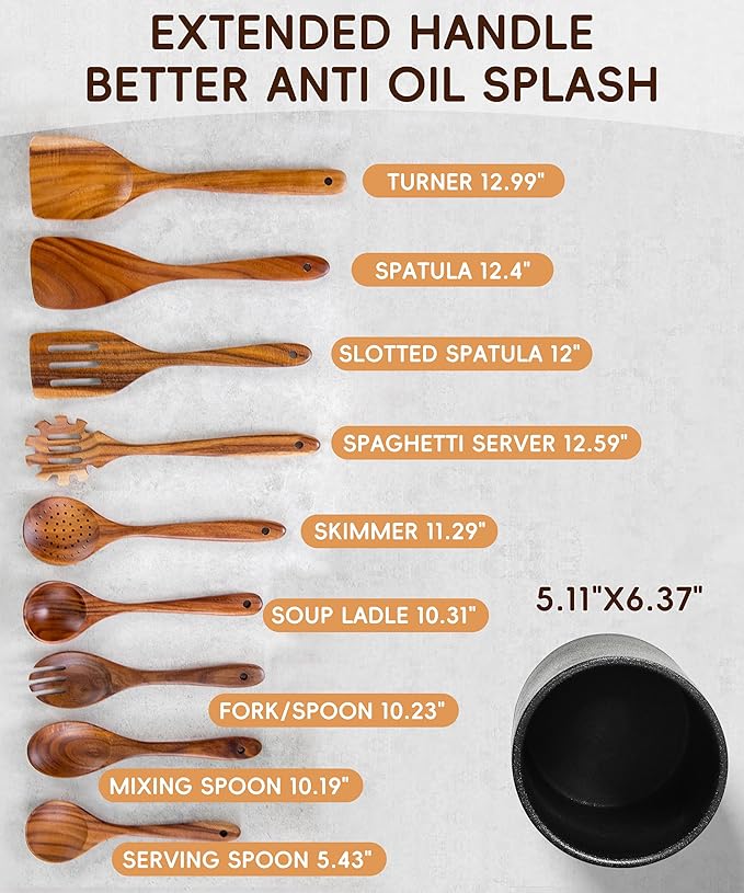 Nucookery Wooden Cooking Utensils Set with Holder, Teak Wood Utensils, Ceramic Holder for Countertop with Protection Cork Bottom, Nonstick Spoons, Spatula Set, 10 Pcs Kitchen Decor, (Stone Black)