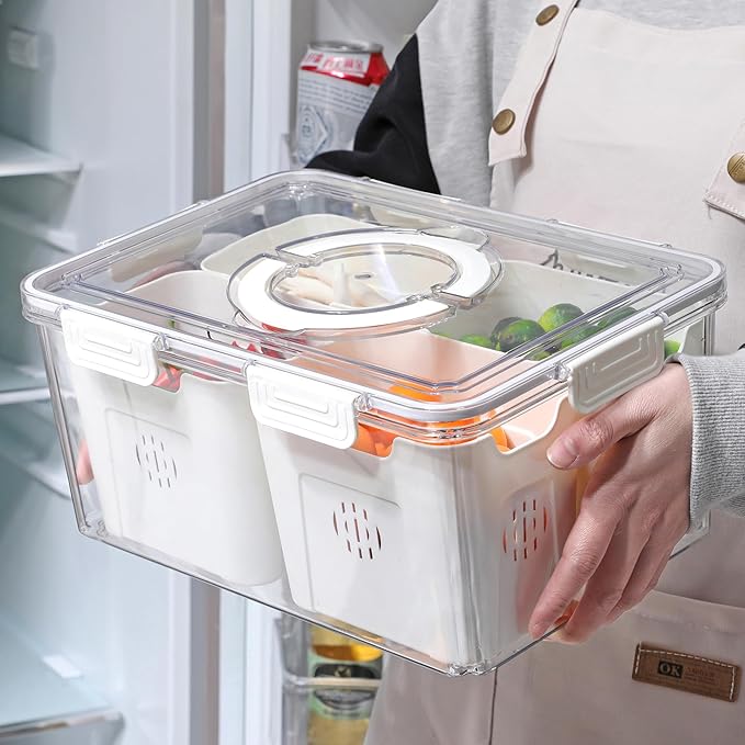Taiuloo Airtight Fruit Storage Containers for Fridge with Lid & Handle, BPA-Free Snack Box Container with 4 Removable Colanders, Berry Vegetable Fresh Produce Saver, Clear Refrigerator Organizer Bins