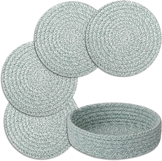 Trivets for Hot Dishes, Pots and Pans, Heat Resistant Hot Pads with Storage Basket, Pot Holders for Kitchen Countertop, Trivet Mats Home Essentials Farmhouse Decor (Green 4 Pcs)